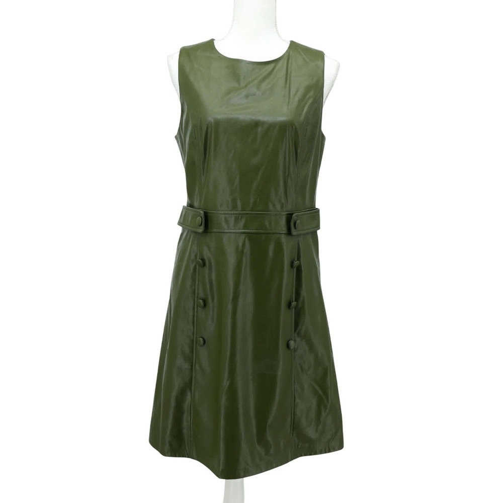 DKNY Size 8 Olive Green Faux Leather Shift Dress Sleeveless Mod Button Detail